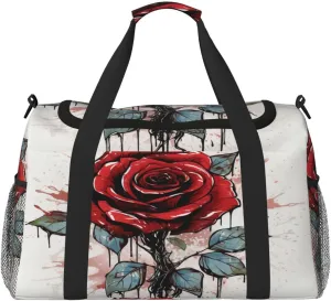 Travel Duffel Bag For Men Women, Red Rose Art Painting Carry On Sport Gym Bag With Shoulder Strap Lightweight Waterproof Weekender Bag Overnight Bag