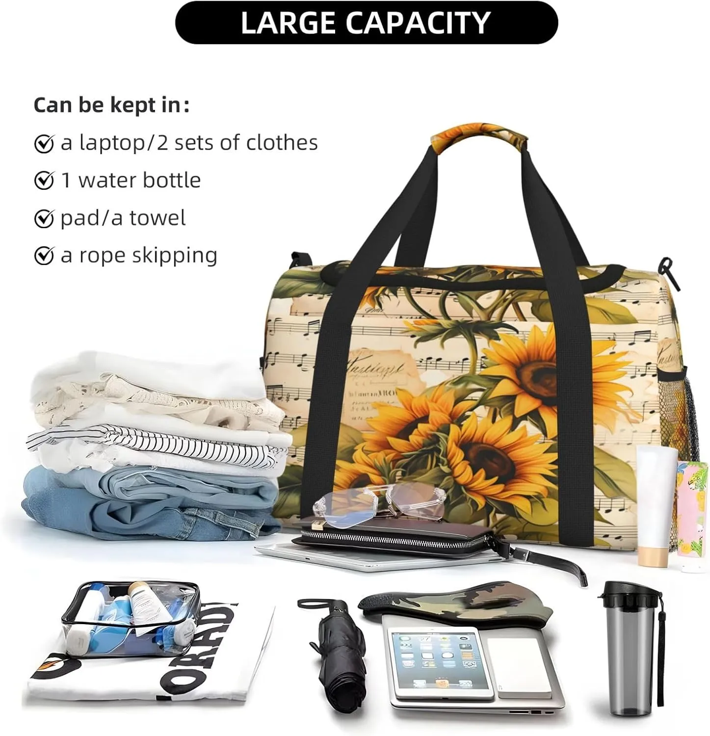 Travel Duffel Bag For Men Women, Vintage Music Stave Sunflowers Carry On Sport Gym Bag With Shoulder Strap Lightweight Waterproof Weekender Bag Overnight Bag