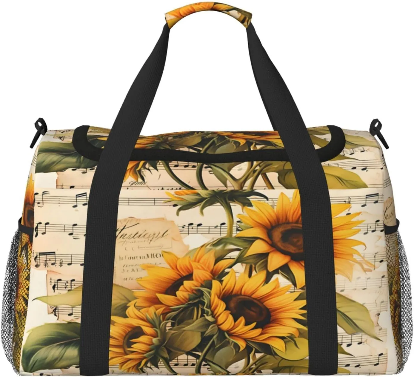 Travel Duffel Bag For Men Women, Vintage Music Stave Sunflowers Carry On Sport Gym Bag With Shoulder Strap Lightweight Waterproof Weekender Bag Overnight Bag