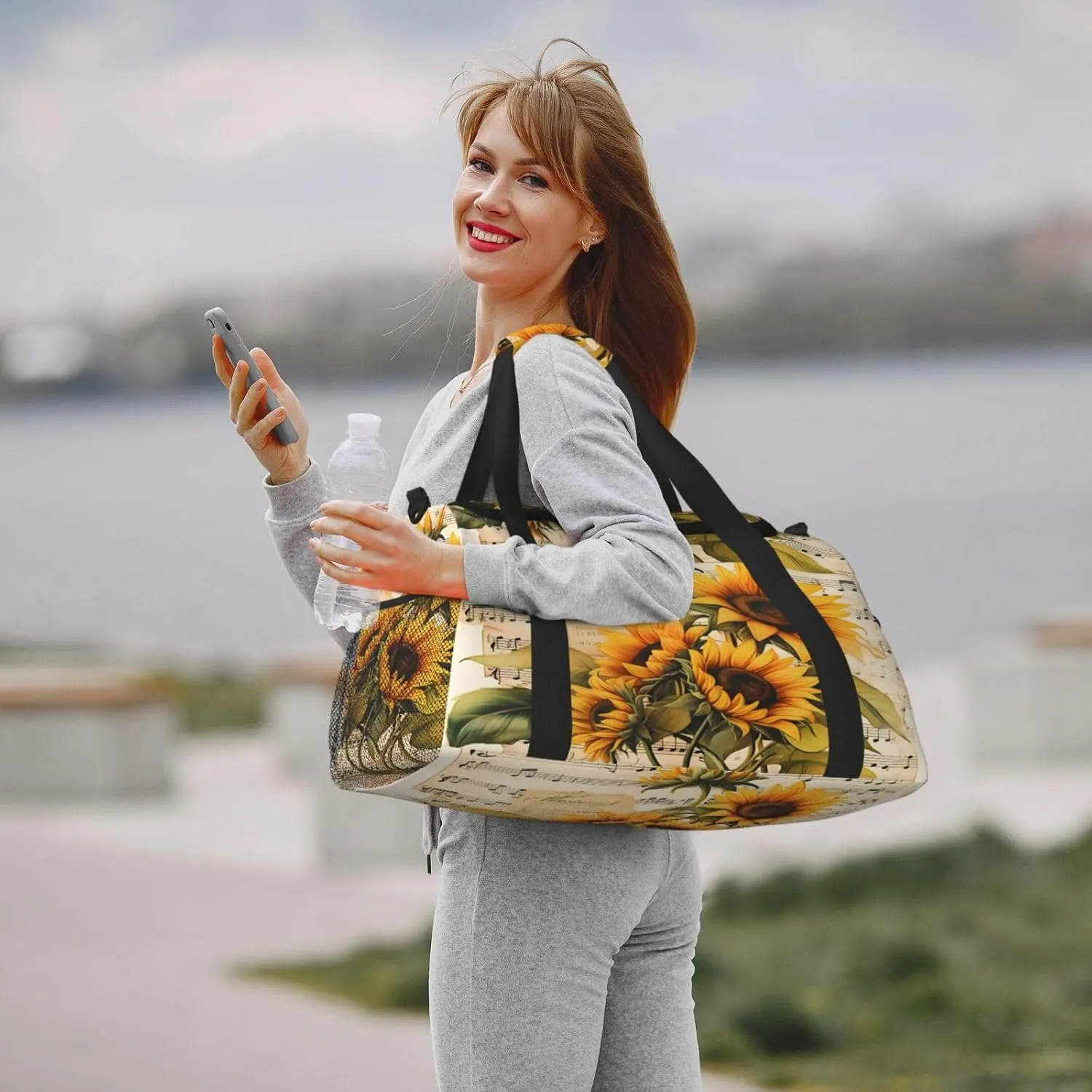 Travel Duffel Bag For Men Women, Vintage Music Stave Sunflowers Carry On Sport Gym Bag With Shoulder Strap Lightweight Waterproof Weekender Bag Overnight Bag