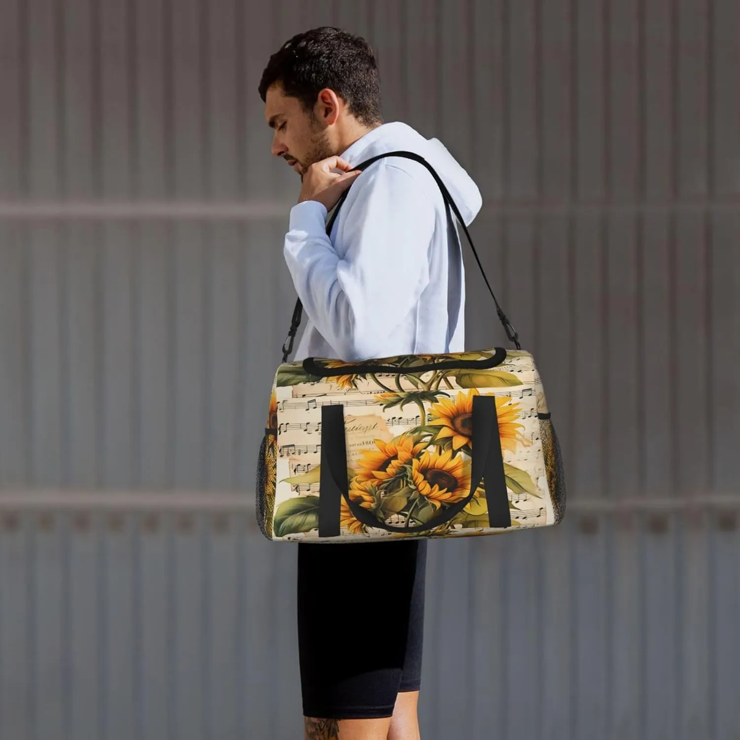 Travel Duffel Bag For Men Women, Vintage Music Stave Sunflowers Carry On Sport Gym Bag With Shoulder Strap Lightweight Waterproof Weekender Bag Overnight Bag