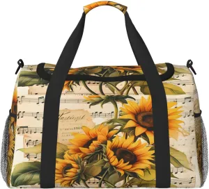 Travel Duffel Bag For Men Women, Vintage Music Stave Sunflowers Carry On Sport Gym Bag With Shoulder Strap Lightweight Waterproof Weekender Bag Overnight Bag