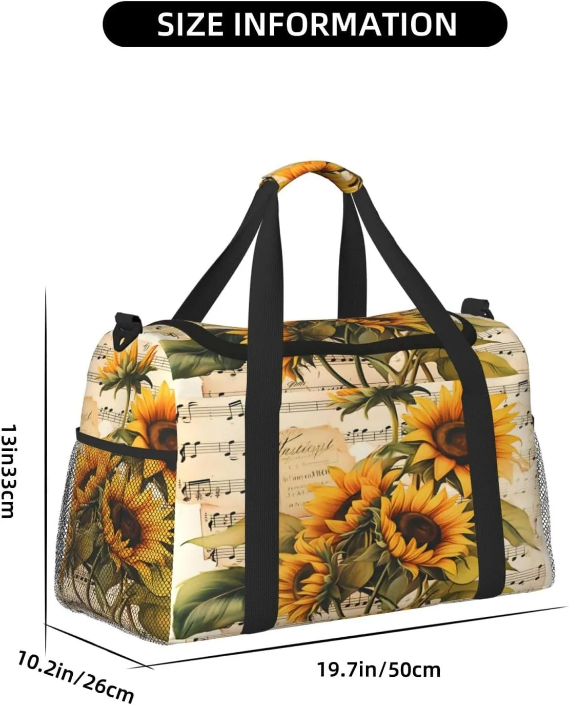 Travel Duffel Bag For Men Women, Vintage Music Stave Sunflowers Carry On Sport Gym Bag With Shoulder Strap Lightweight Waterproof Weekender Bag Overnight Bag