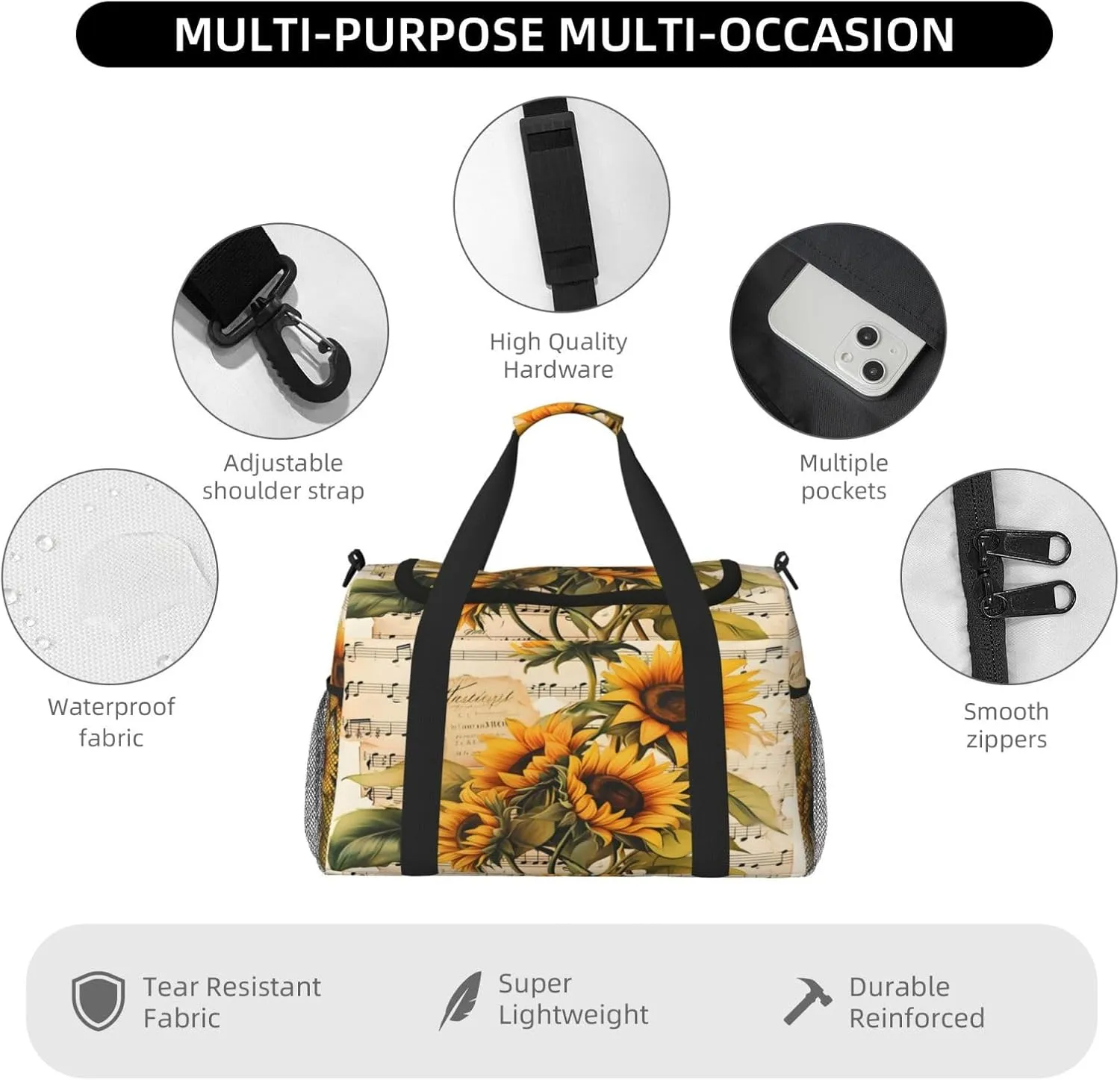 Travel Duffel Bag For Men Women, Vintage Music Stave Sunflowers Carry On Sport Gym Bag With Shoulder Strap Lightweight Waterproof Weekender Bag Overnight Bag
