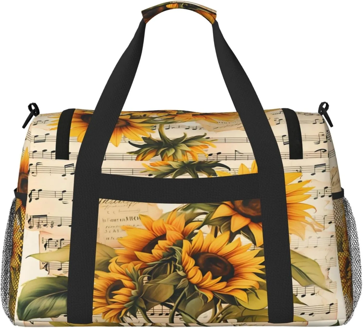 Travel Duffel Bag For Men Women, Vintage Music Stave Sunflowers Carry On Sport Gym Bag With Shoulder Strap Lightweight Waterproof Weekender Bag Overnight Bag