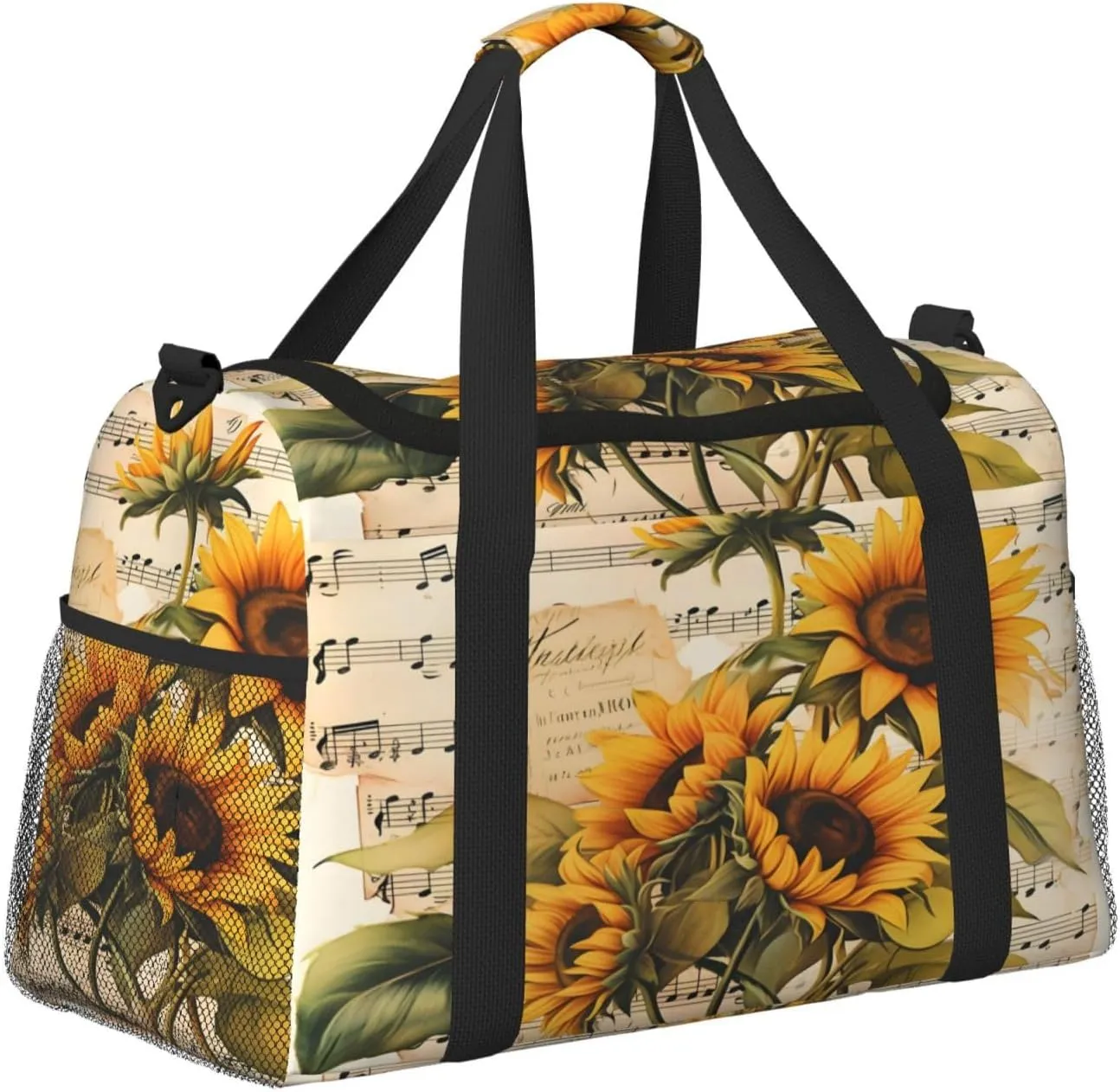Travel Duffel Bag For Men Women, Vintage Music Stave Sunflowers Carry On Sport Gym Bag With Shoulder Strap Lightweight Waterproof Weekender Bag Overnight Bag