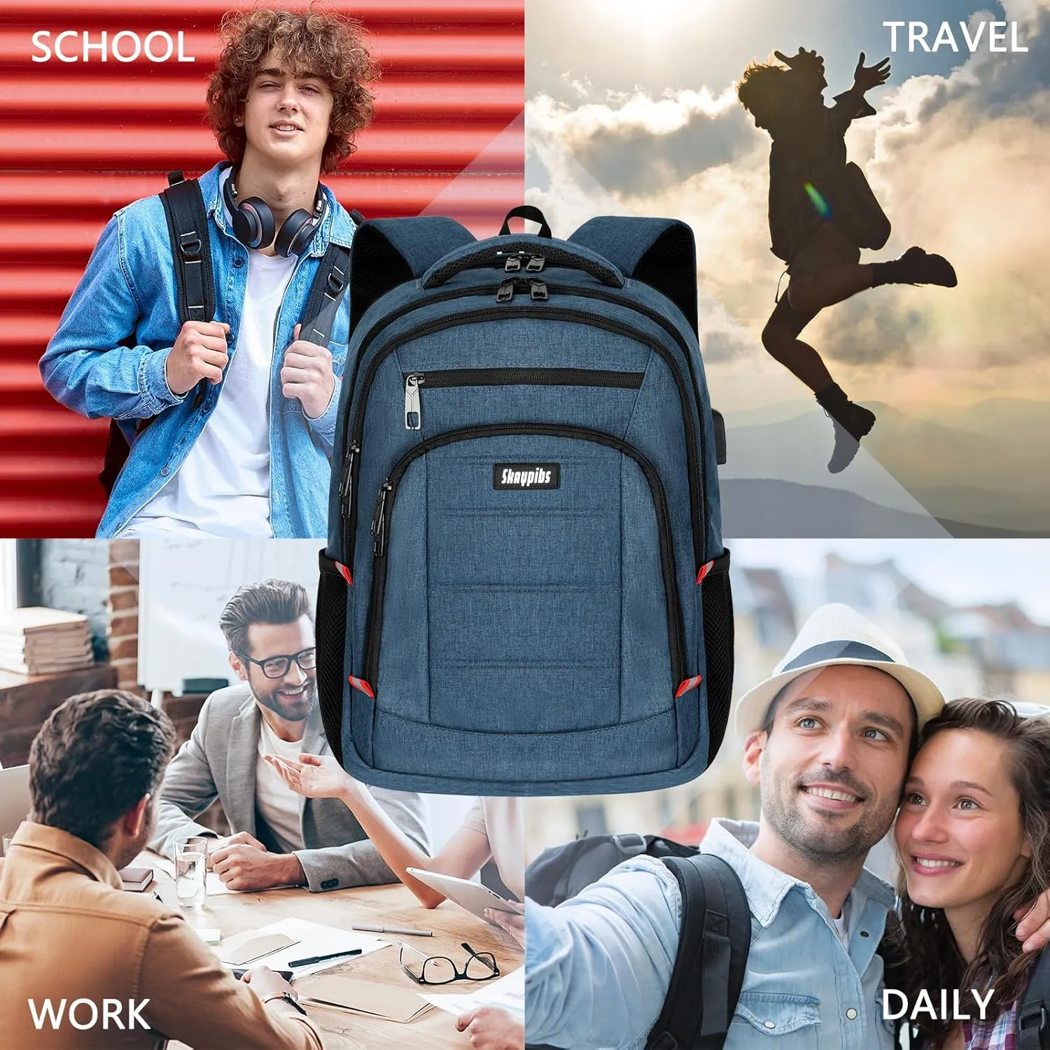 Travel Laptop Backpack for Men Women, 15.6 Inch School Backpacks with USB Charging Port, Water-Resistant Bookbags Daypack for Work, College Anti-Theft Computer Backpack, Book Bag for Boys Teens, Blue