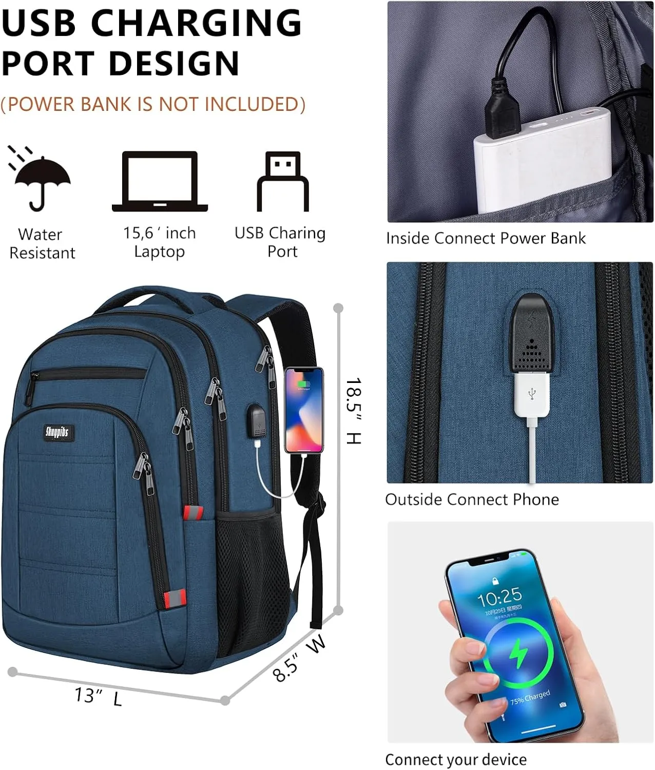 Travel Laptop Backpack for Men Women, 15.6 Inch School Backpacks with USB Charging Port, Water-Resistant Bookbags Daypack for Work, College Anti-Theft Computer Backpack, Book Bag for Boys Teens, Blue
