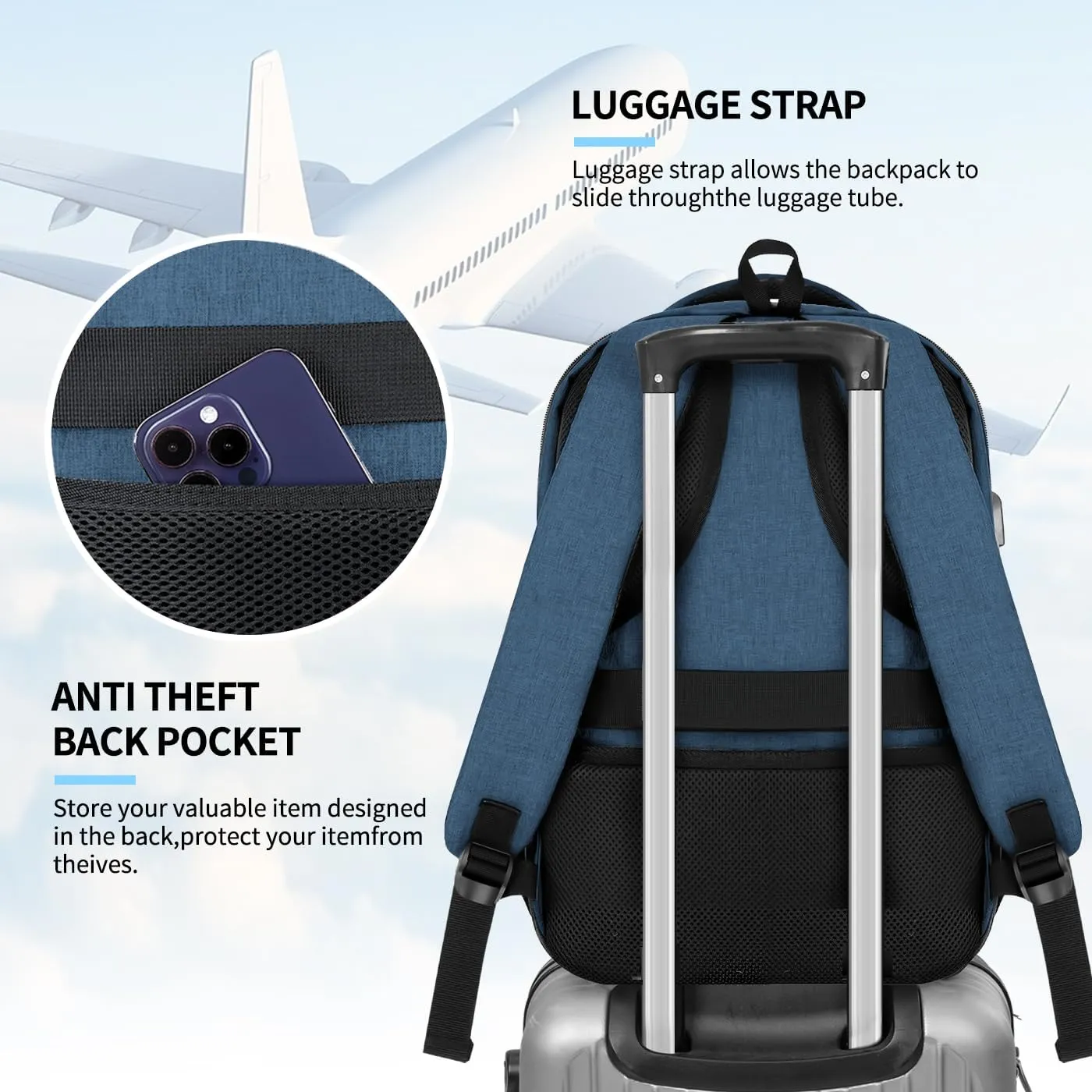Travel Laptop Backpack for Men Women, 15.6 Inch School Backpacks with USB Charging Port, Water-Resistant Bookbags Daypack for Work, College Anti-Theft Computer Backpack, Book Bag for Boys Teens, Blue