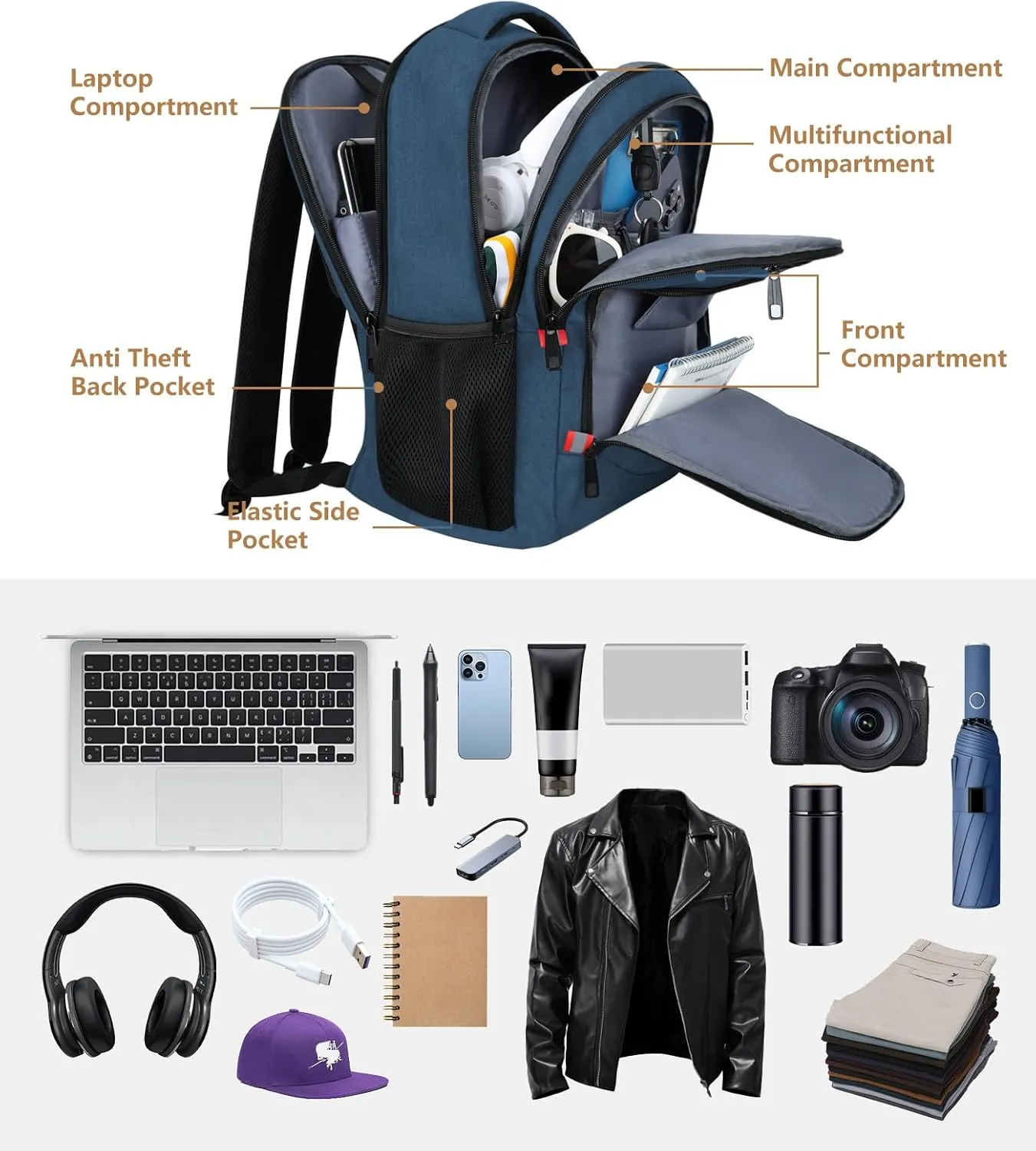 Travel Laptop Backpack for Men Women, 15.6 Inch School Backpacks with USB Charging Port, Water-Resistant Bookbags Daypack for Work, College Anti-Theft Computer Backpack, Book Bag for Boys Teens, Blue