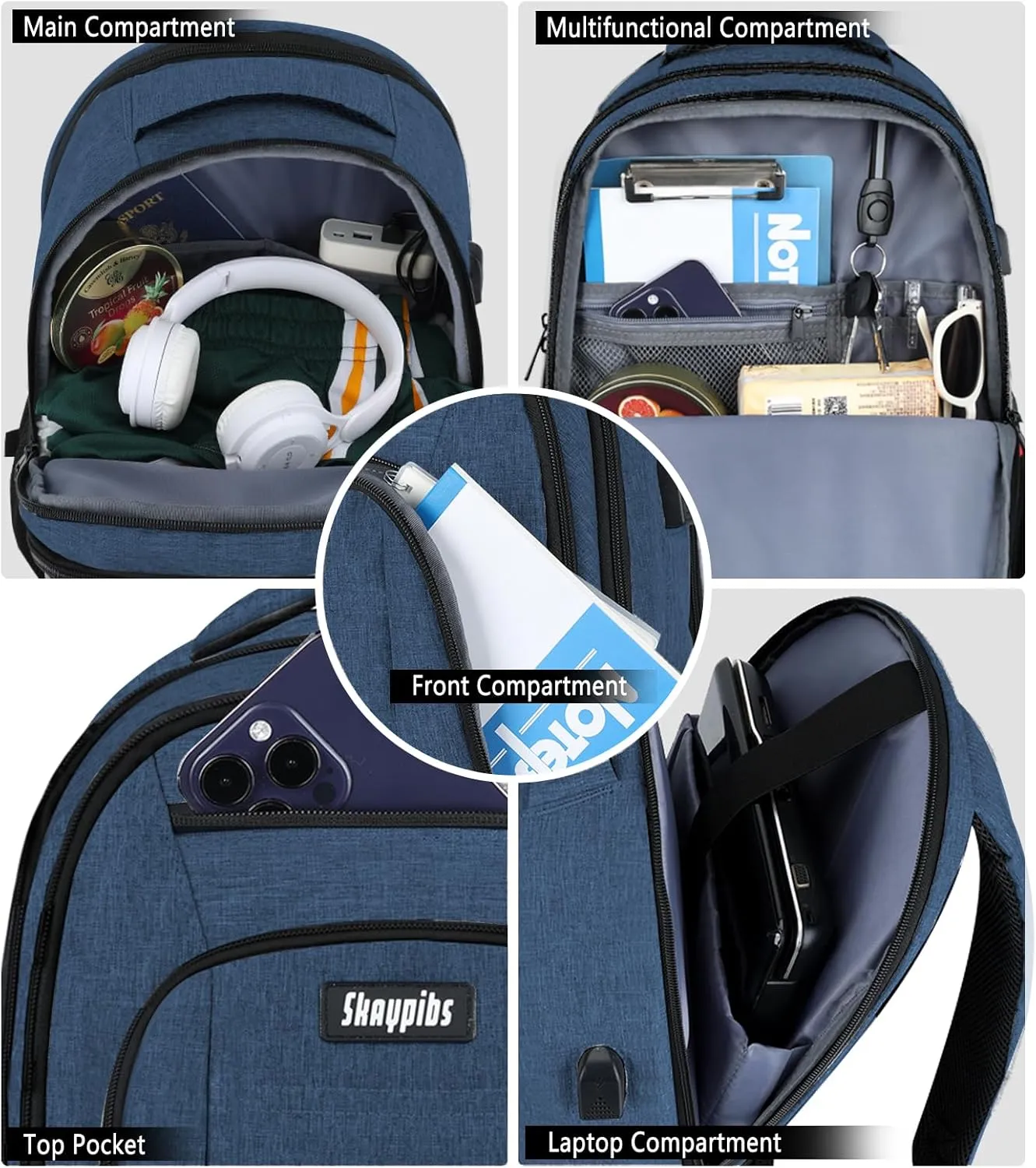 Travel Laptop Backpack for Men Women, 15.6 Inch School Backpacks with USB Charging Port, Water-Resistant Bookbags Daypack for Work, College Anti-Theft Computer Backpack, Book Bag for Boys Teens, Blue