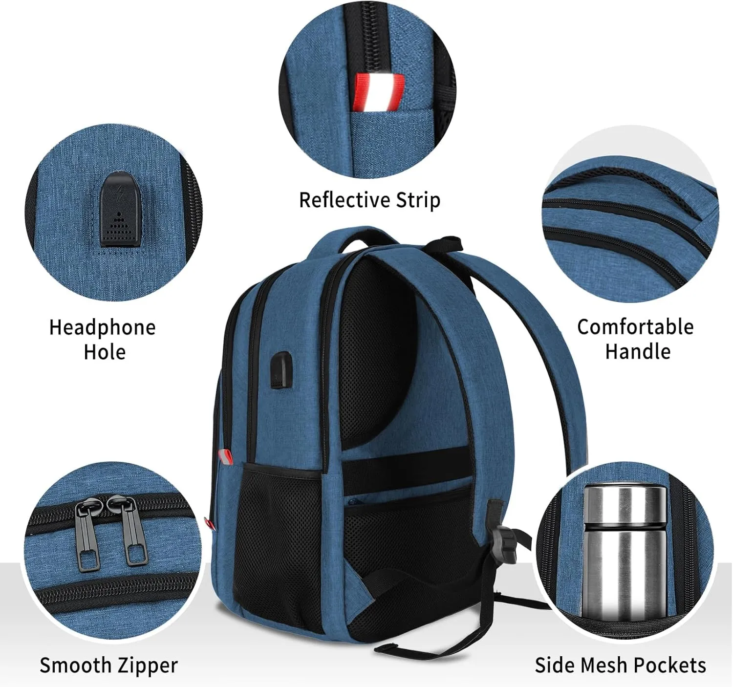 Travel Laptop Backpack for Men Women, 15.6 Inch School Backpacks with USB Charging Port, Water-Resistant Bookbags Daypack for Work, College Anti-Theft Computer Backpack, Book Bag for Boys Teens, Blue