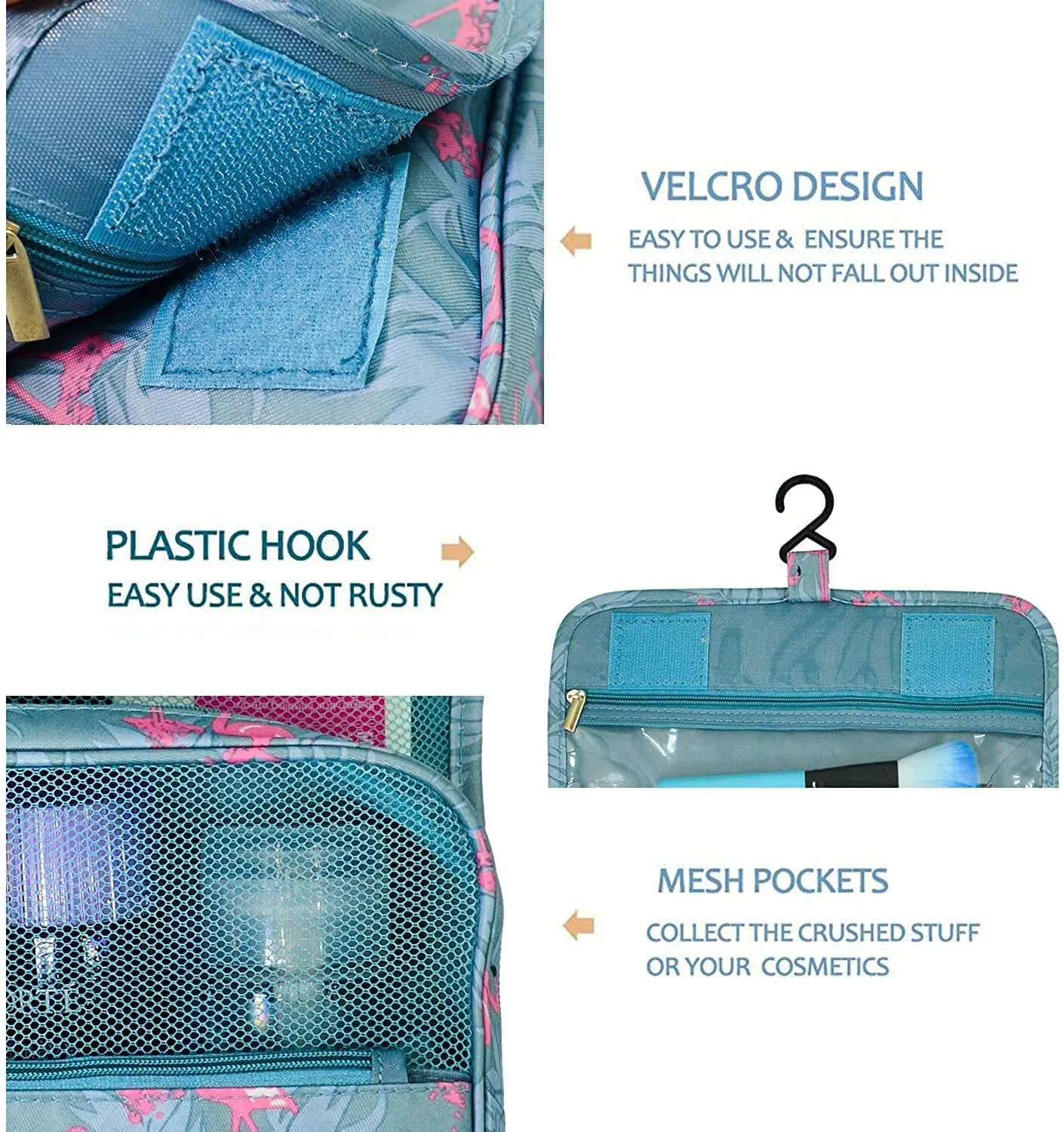 Trawila Travel Hanging Toiletry Bag Cosmetic Bag Makeup Organizers for Men & Women with Sturdy Hook (Light Blue Flamingo)