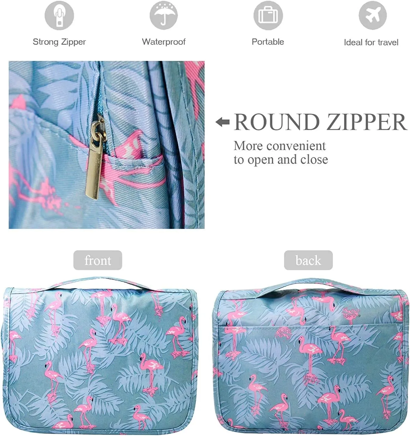 Trawila Travel Hanging Toiletry Bag Cosmetic Bag Makeup Organizers for Men & Women with Sturdy Hook (Light Blue Flamingo)