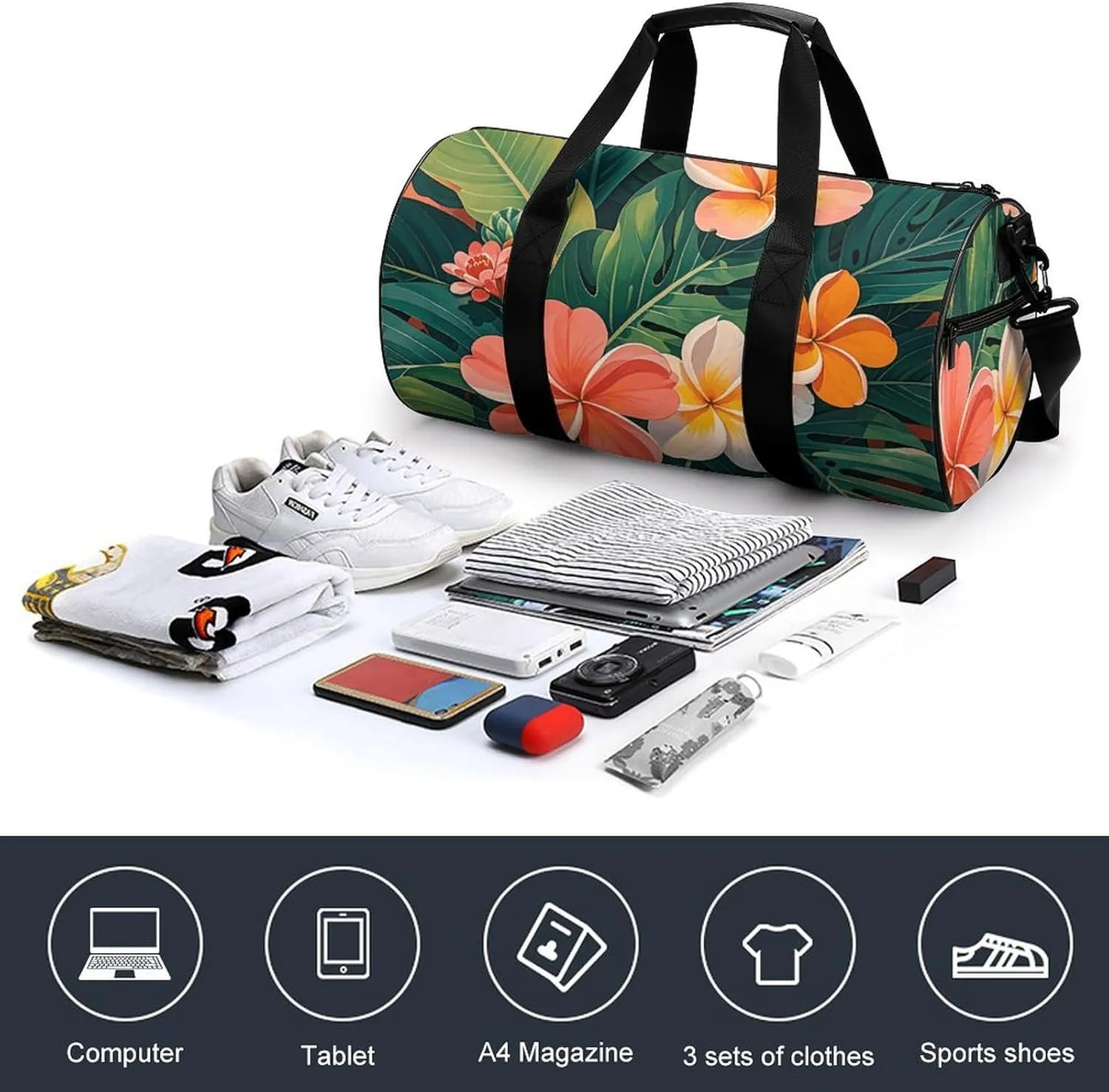 Tropical Flowers And Foliage Gym Bag Small Travel Duffle Bag with Compartment Carry On Weekender Bag for Women Men