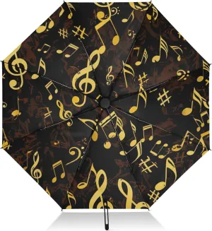 Umbrella, Auto Open Close Folding Umbrella Windproof, Compact Size for Backpacks/Handbags - for Travel, Musical Notes Black Gold