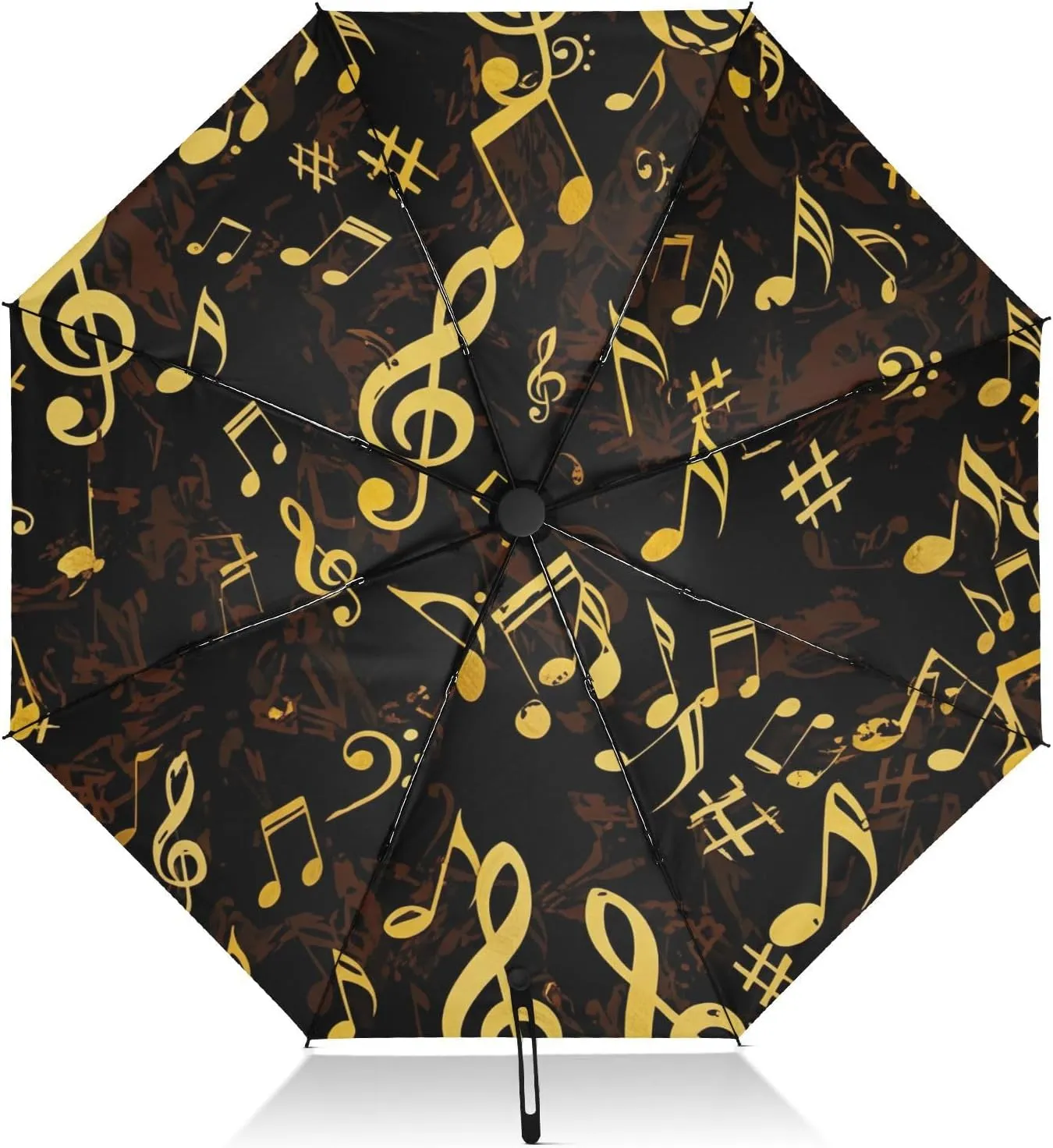 Umbrella, Auto Open Close Folding Umbrella Windproof, Compact Size for Backpacks/Handbags - for Travel, Musical Notes Black Gold