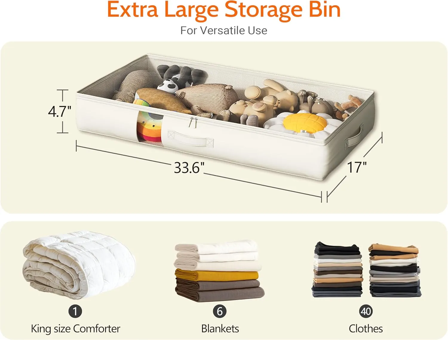Under Bed Storage Containers with Window, Closet Organizers and Storage Bags, Foldable Underbed Storage Bags for Blankets, Clothing, Comforter, Linen Sheets, Wrapping Paper, 4 Pack, White Ivory