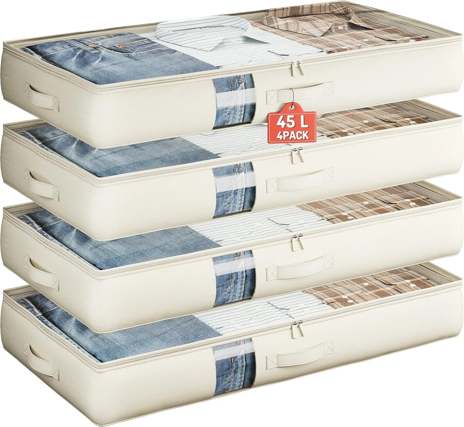 Under Bed Storage Containers with Window, Closet Organizers and Storage Bags, Foldable Underbed Storage Bags for Blankets, Clothing, Comforter, Linen Sheets, Wrapping Paper, 4 Pack, White Ivory