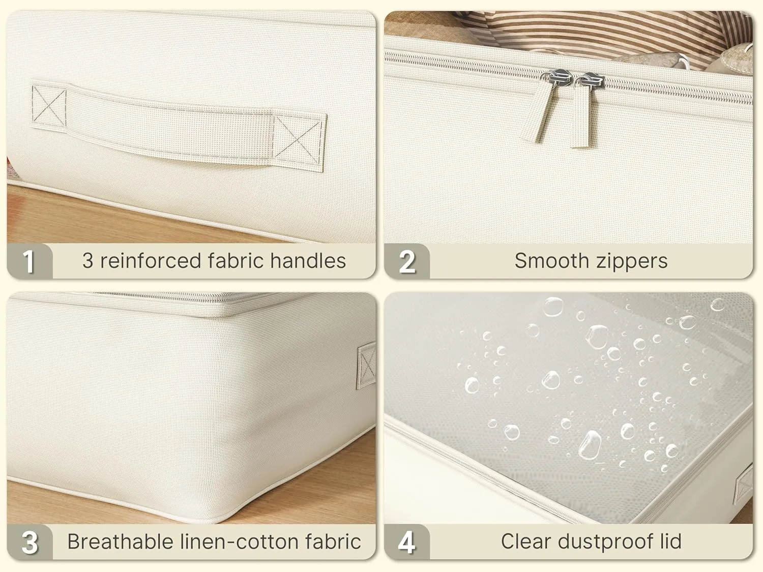 Under Bed Storage Containers with Window, Closet Organizers and Storage Bags, Foldable Underbed Storage Bags for Blankets, Clothing, Comforter, Linen Sheets, Wrapping Paper, 4 Pack, White Ivory