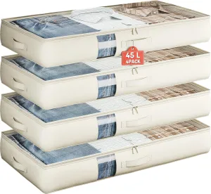 Under Bed Storage Containers with Window, Closet Organizers and Storage Bags, Foldable Underbed Storage Bags for Blankets, Clothing, Comforter, Linen Sheets, Wrapping Paper, 4 Pack, White Ivory