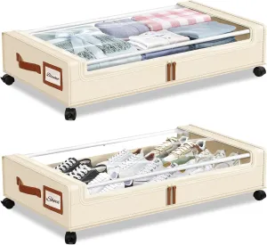 Under Bed Storage with Wheels, 2 Pack Underbed Storage Containers with Clear Lid, Handle and Label Window, Home Storage Bins for Clothes, Blanket, Shoes, Large Cube Closet Storage Containers