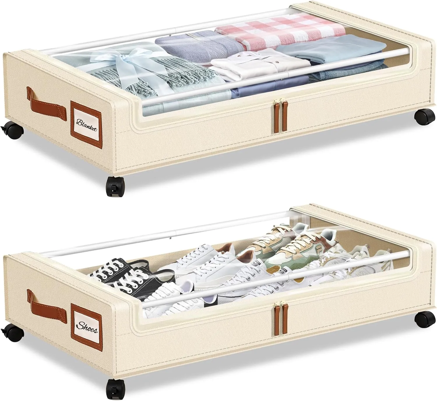 Under Bed Storage with Wheels, 2 Pack Underbed Storage Containers with Clear Lid, Handle and Label Window, Home Storage Bins for Clothes, Blanket, Shoes, Large Cube Closet Storage Containers