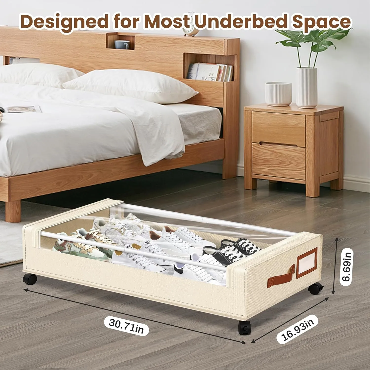 Under Bed Storage with Wheels, 2 Pack Underbed Storage Containers with Clear Lid, Handle and Label Window, Home Storage Bins for Clothes, Blanket, Shoes, Large Cube Closet Storage Containers