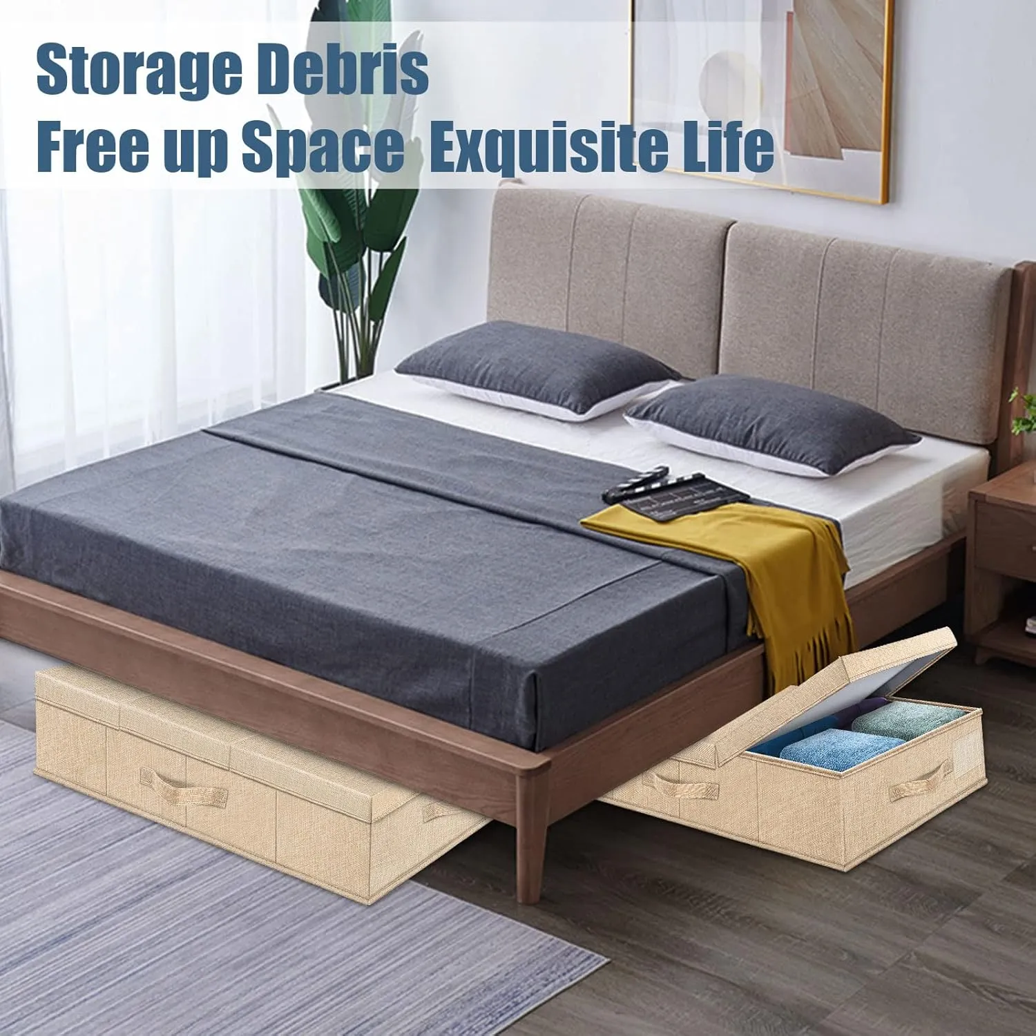Underbed Storage Containers Bin with Lids (Set of 2) Large Under Bed Storage Organizer Box with Handle, Foldable Under the Storage Bags for Organizing Clothes, Shoes, Blankets, Pillows-Khaki