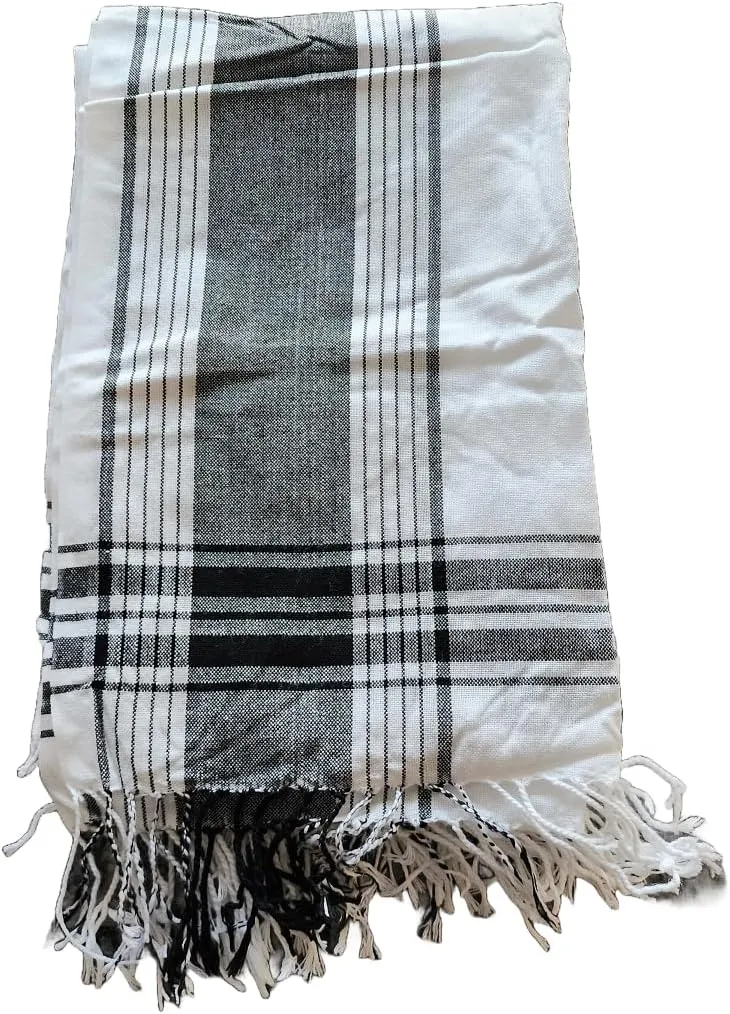 Unisex African Kikoy Scarf, Sarong, Wrap, Throw - 100% Cotton, Handmade Tassels, Multi-Use Beach Cover-Up, Picnic Blanket, & More - White