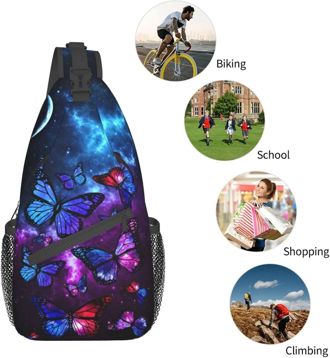 Unisex Crossbody Sling Backpack Travel Hiking Daypack Crossbody Shoulder Bag for Women Men Butterfly Galaxy