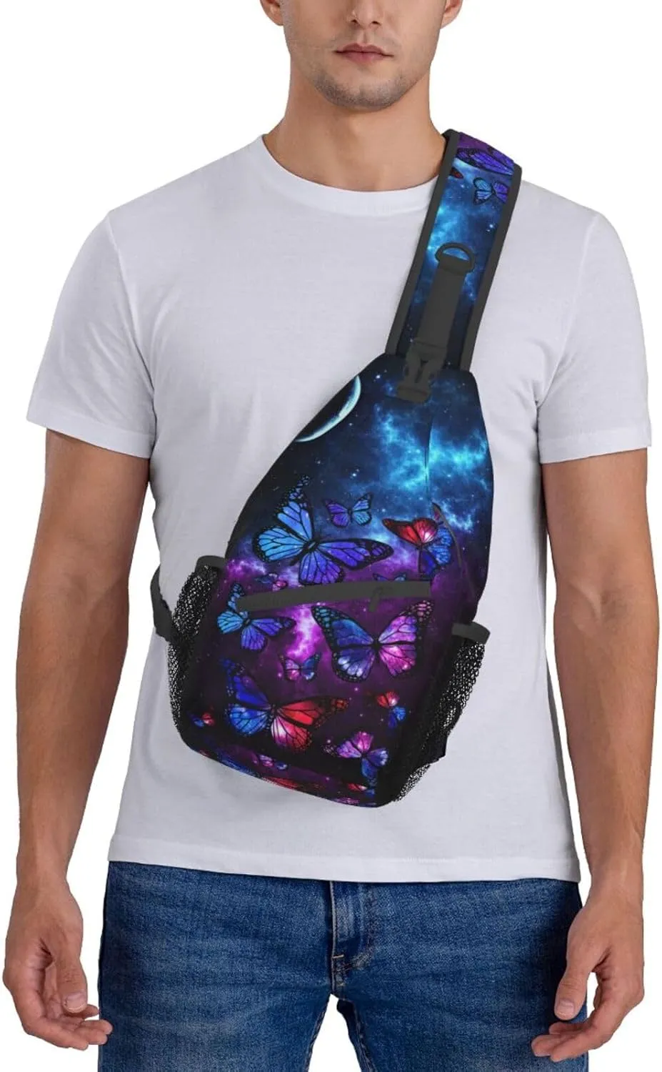 Unisex Crossbody Sling Backpack Travel Hiking Daypack Crossbody Shoulder Bag for Women Men Butterfly Galaxy