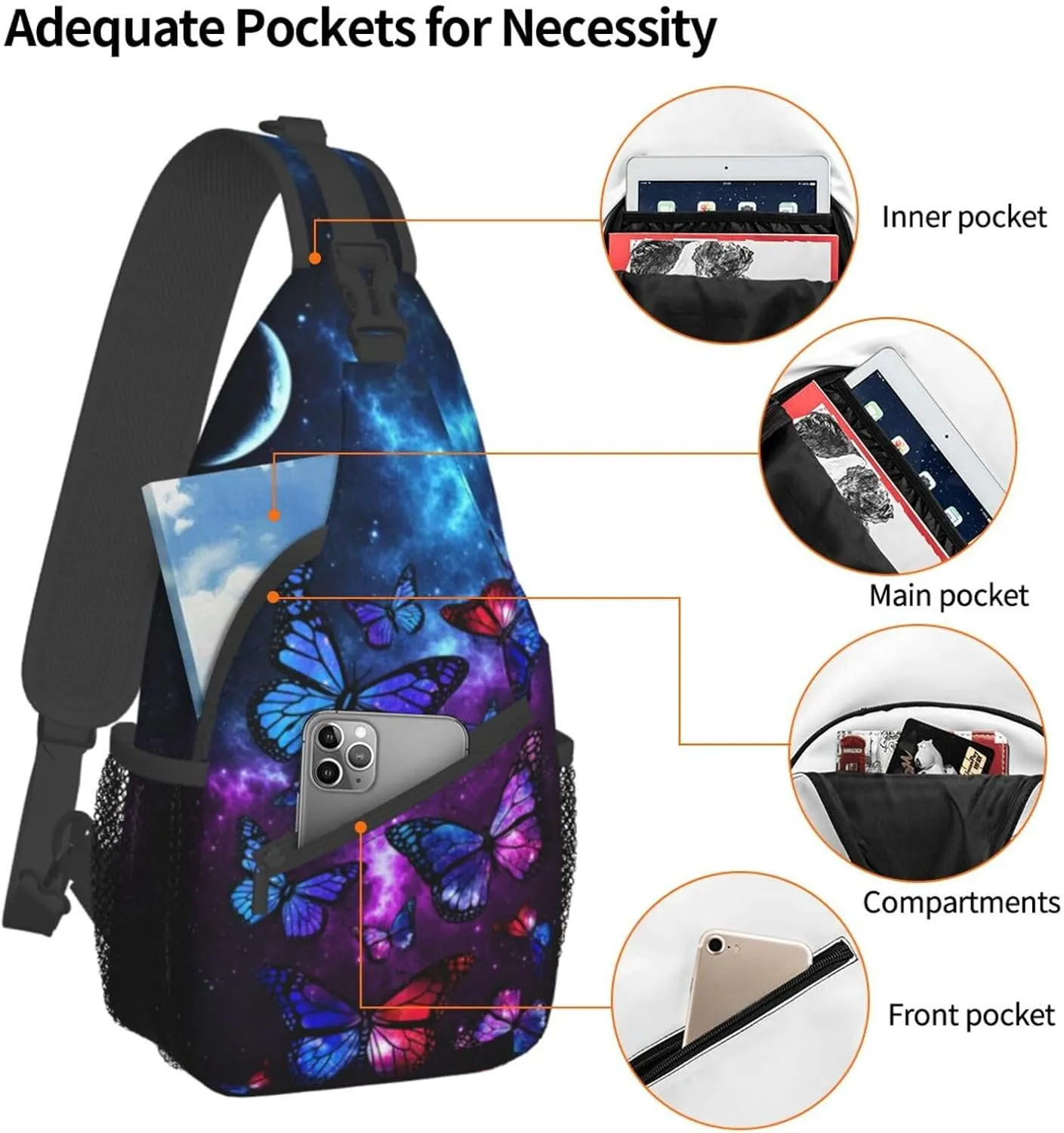 Unisex Crossbody Sling Backpack Travel Hiking Daypack Crossbody Shoulder Bag for Women Men Butterfly Galaxy