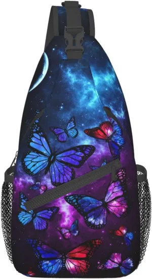 Unisex Crossbody Sling Backpack Travel Hiking Daypack Crossbody Shoulder Bag for Women Men Butterfly Galaxy