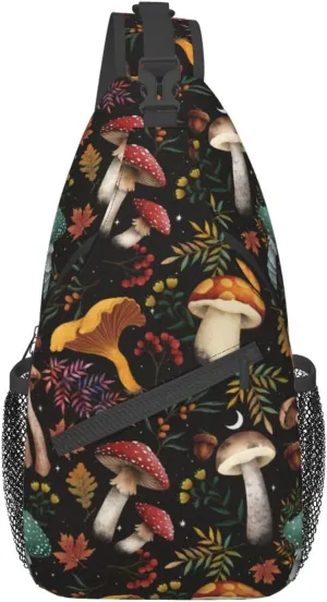 Unisex Crossbody Sling Backpack Travel Hiking Daypack Crossbody Shoulder Bag for Women Men Mushroom Black