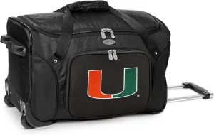 University of Miami Hurricanes Lightweight 22-inch Wheeled Duffel Bag with Telescopic Handle - Perfect Overnight Bag for Travel, Weekend Getaways, Airports, Gym, and Commuting