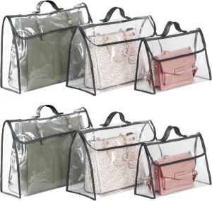 Univivi 6 Pack Dust Bags For Purses and Handbags,Clear Dust Covers Bag Organizer Closet Organizer System,Bedroom Handbag Organizer, With Magnet Button & Leather Handle (3 Size)