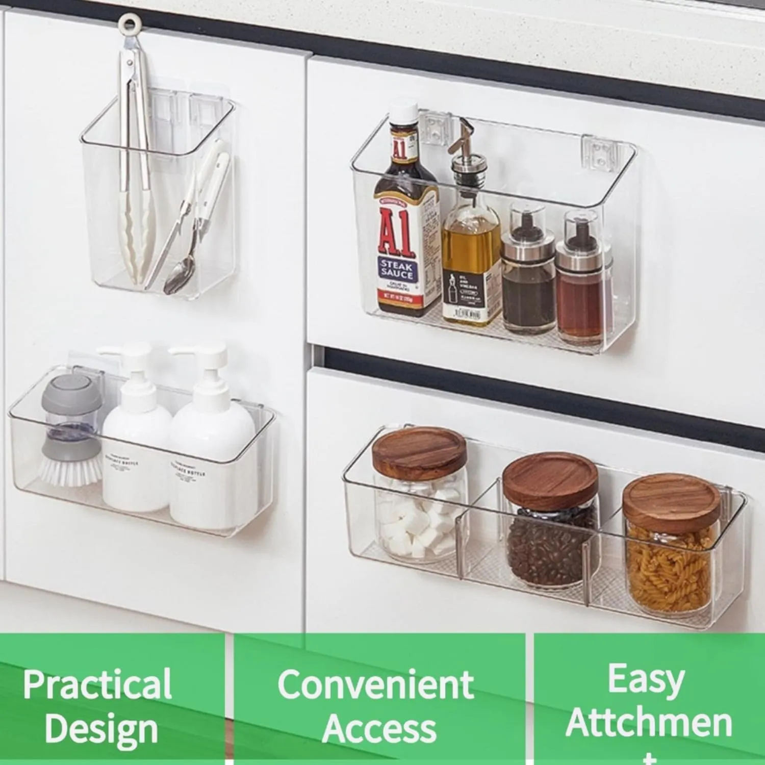 vacane 2 Pack Plastic Adhesive Mount Over Cabinet Door Organizer, Storage Organizer Container Makeup Organizer Hanging Basket Bins For Craft Room, Office, Space Saving Holder for Kitchen Bags-S Clear