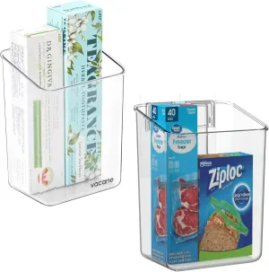 vacane 2 Pack Plastic Adhesive Mount Over Cabinet Door Organizer, Storage Organizer Container Makeup Organizer Hanging Basket Bins For Craft Room, Office, Space Saving Holder for Kitchen Bags-S Clear