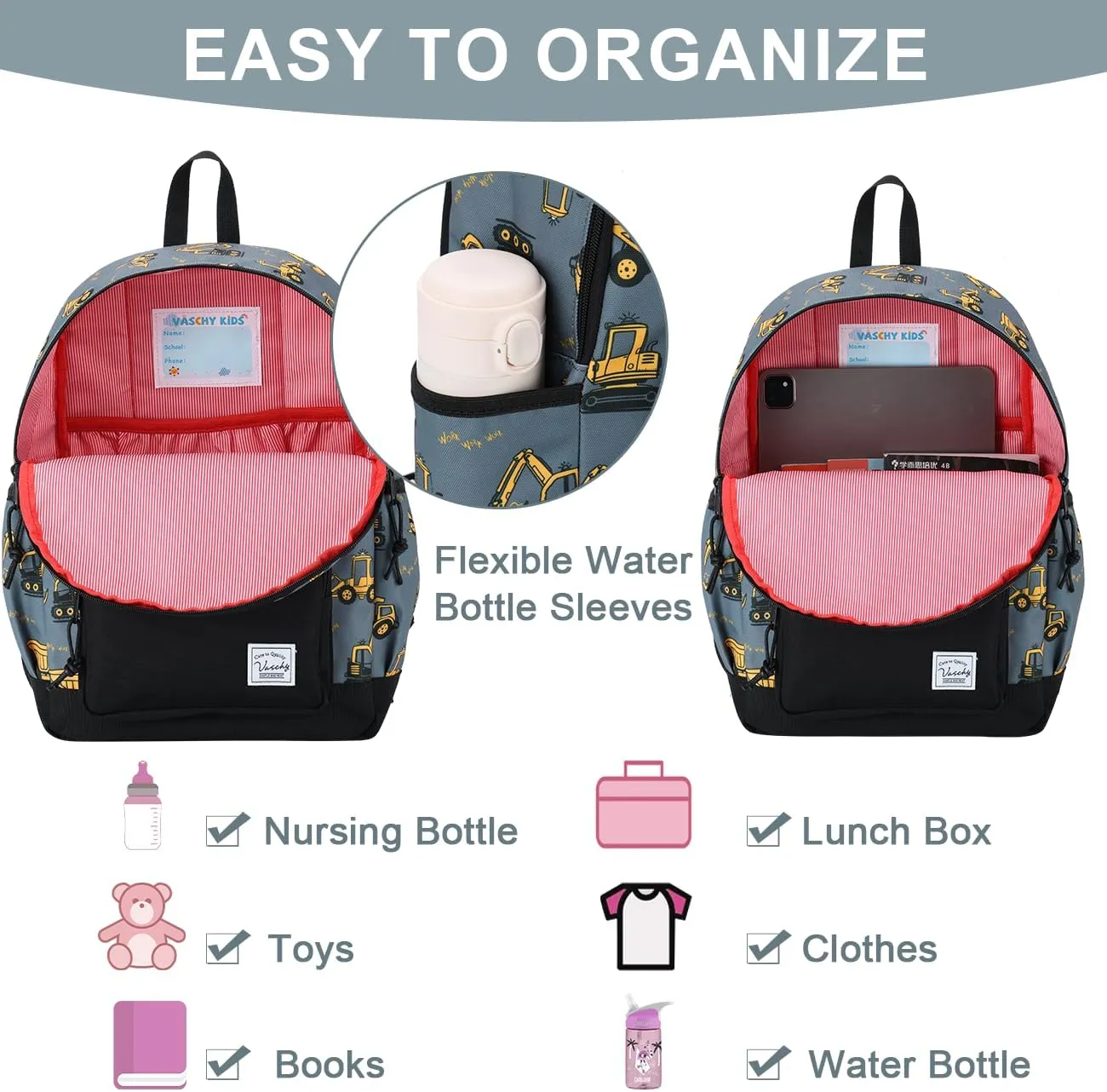 VASCHY Kids backpacks, Cute Lightweight Water Resistant Preschool Backpack for Boys and Girls Chest Strap