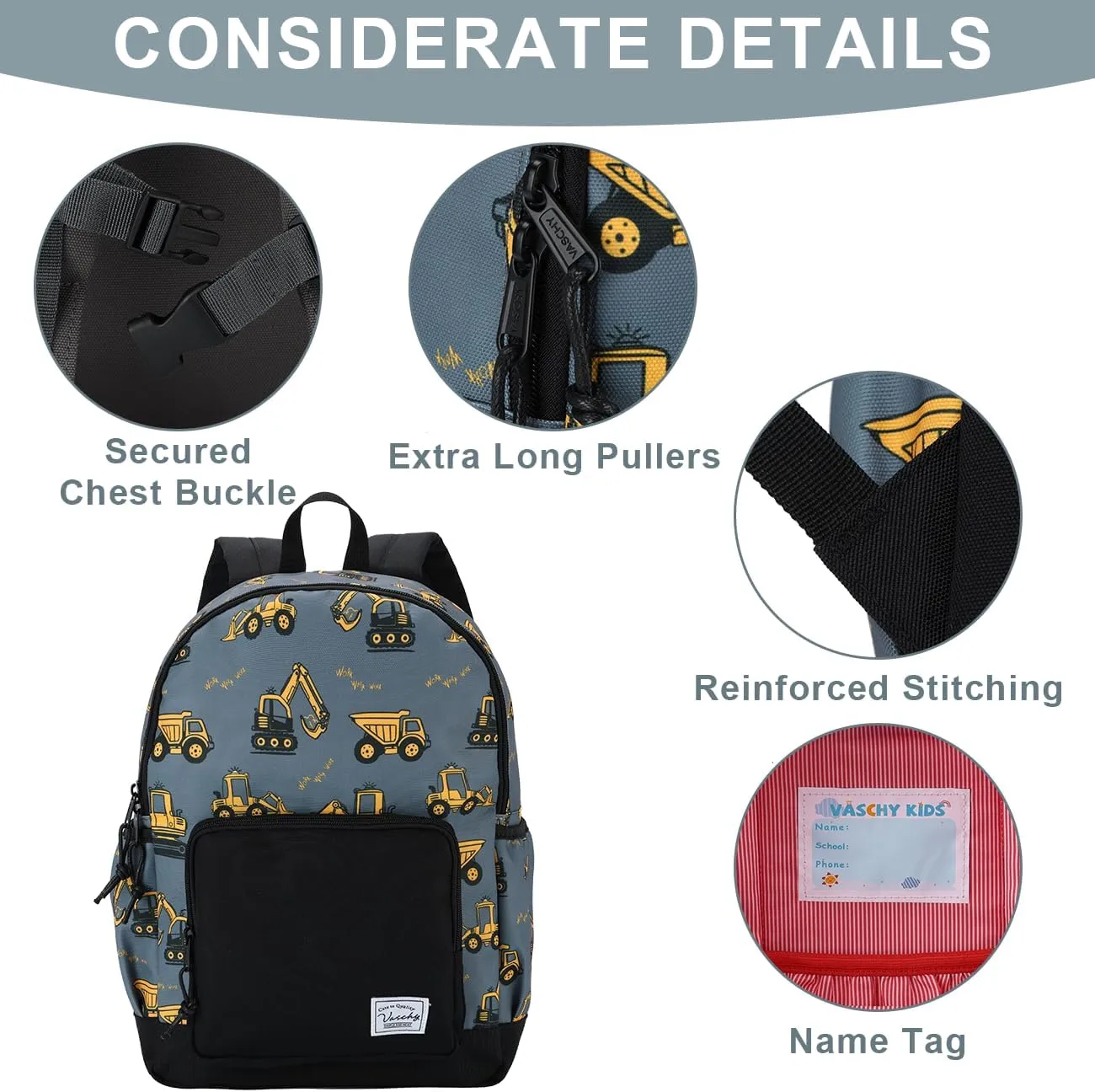 VASCHY Kids backpacks, Cute Lightweight Water Resistant Preschool Backpack for Boys and Girls Chest Strap