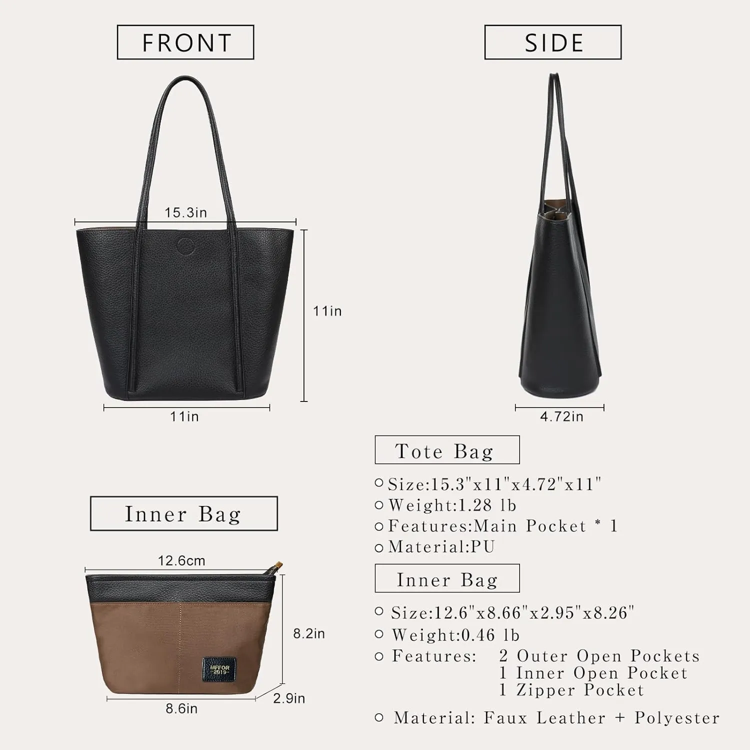 Vegan Leather Tote Bag for Women, Top Handle Shoulder Bag with Insert Organizer