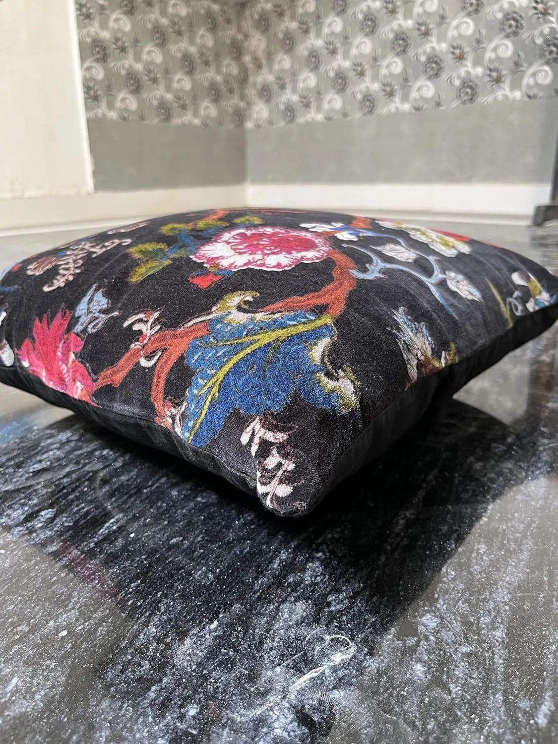 Velvet Floral Flower Throw Pillow Cover, Couch Bohemian Accent, 18 x 18 inches, Colorful Boho Chic (Black, 24" x 24")