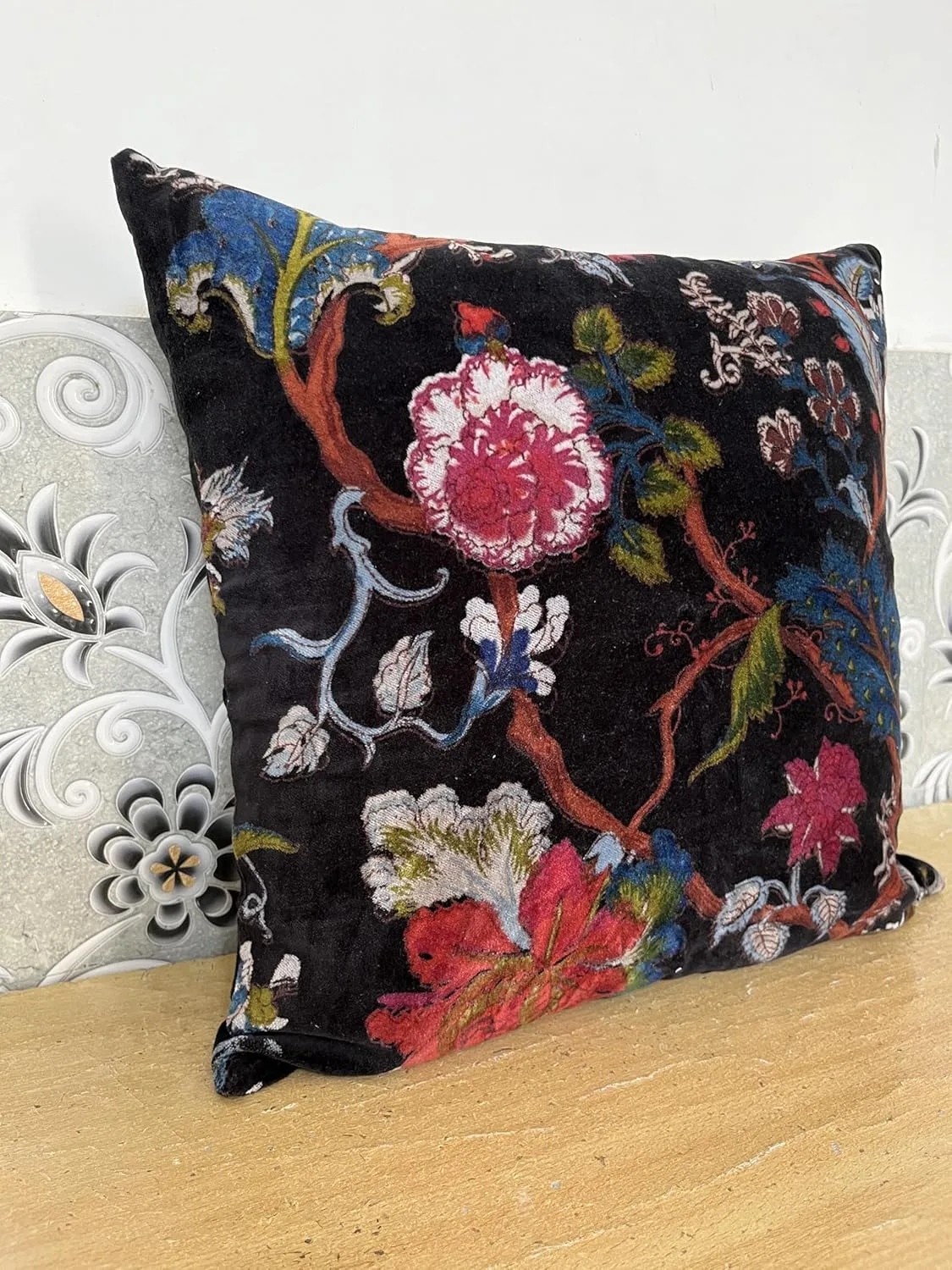 Velvet Floral Flower Throw Pillow Cover, Couch Bohemian Accent, 18 x 18 inches, Colorful Boho Chic (Black, 24" x 24")