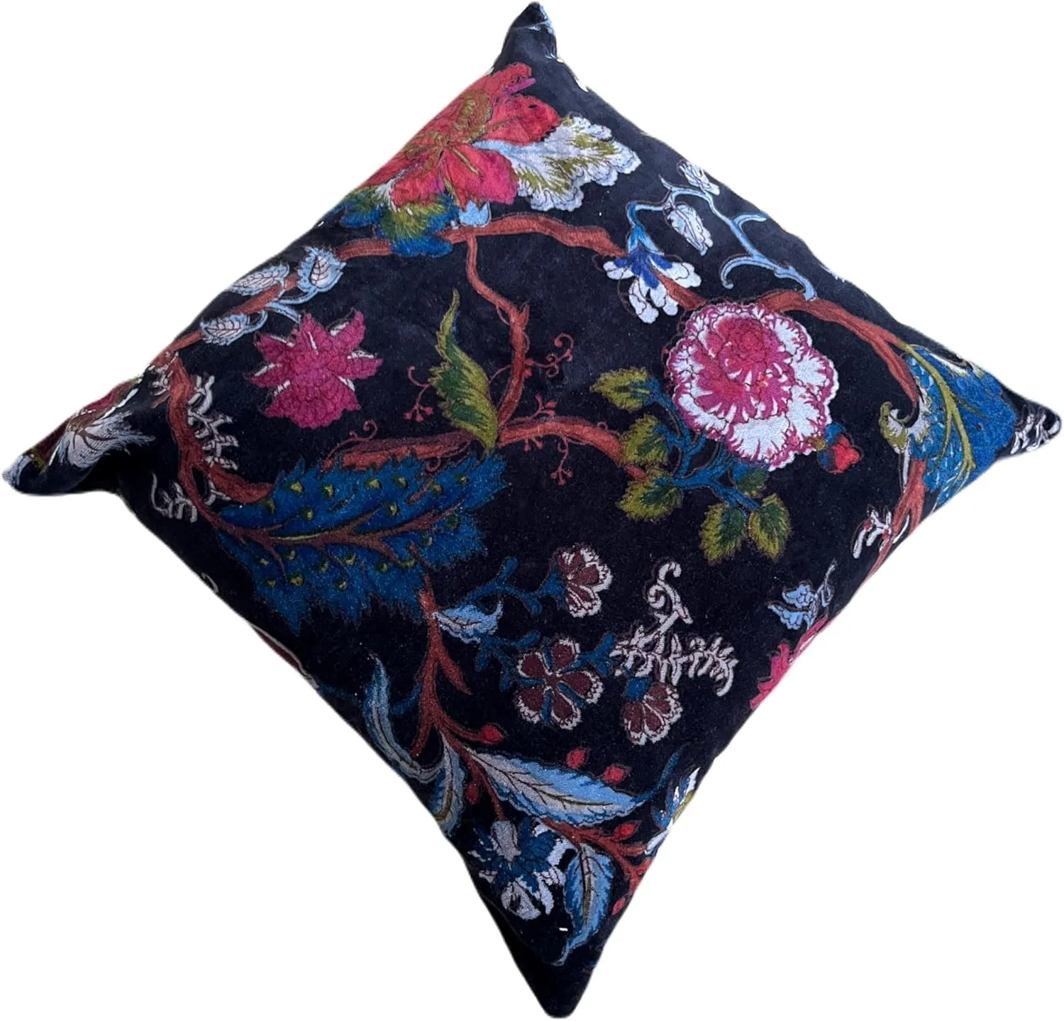 Velvet Floral Flower Throw Pillow Cover, Couch Bohemian Accent, 18 x 18 inches, Colorful Boho Chic (Black, 24" x 24")