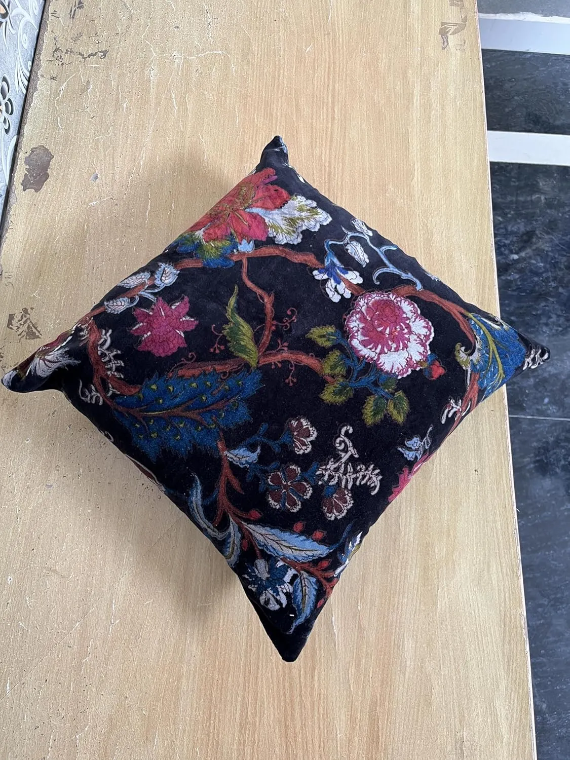 Velvet Floral Flower Throw Pillow Cover, Couch Bohemian Accent, 18 x 18 inches, Colorful Boho Chic (Black, 24" x 24")
