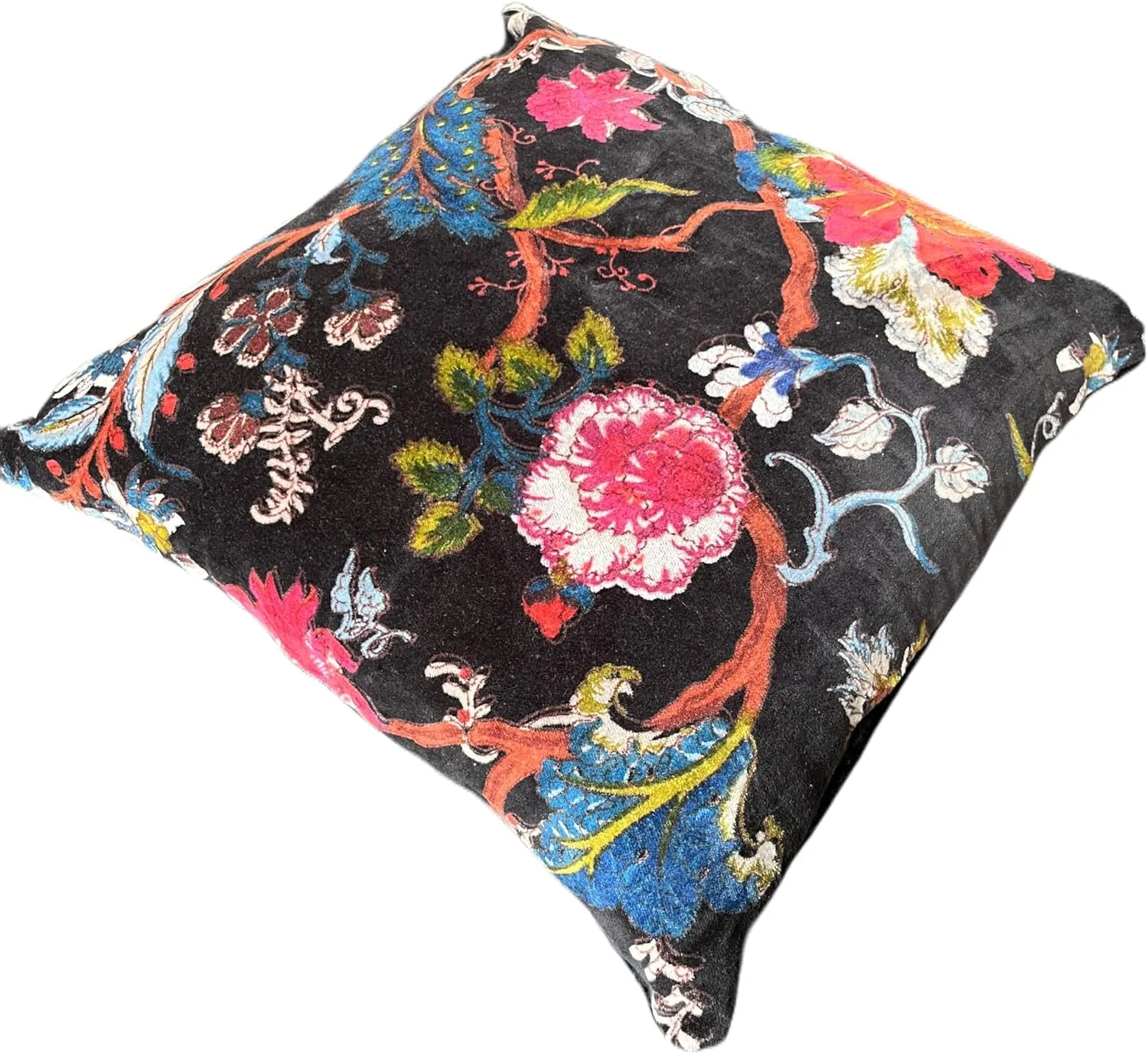 Velvet Floral Flower Throw Pillow Cover, Couch Bohemian Accent, 18 x 18 inches, Colorful Boho Chic (Black, 24" x 24")