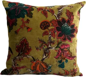 Velvet Floral Throw Pillow Sofa Cushion Cover Case Couch Bohemian Accent Colorful Boho Chic Indian Handmade Cover Only (Olive Green, 24" 24")