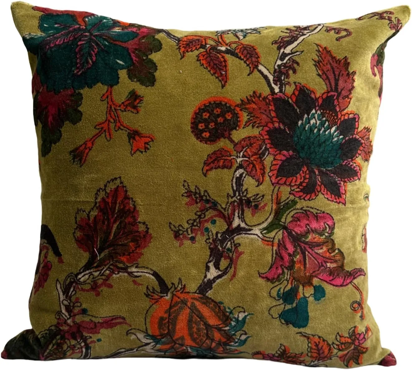 Velvet Floral Throw Pillow Sofa Cushion Cover Case Couch Bohemian Accent Colorful Boho Chic Indian Handmade Cover Only (Olive Green, 24" 24")