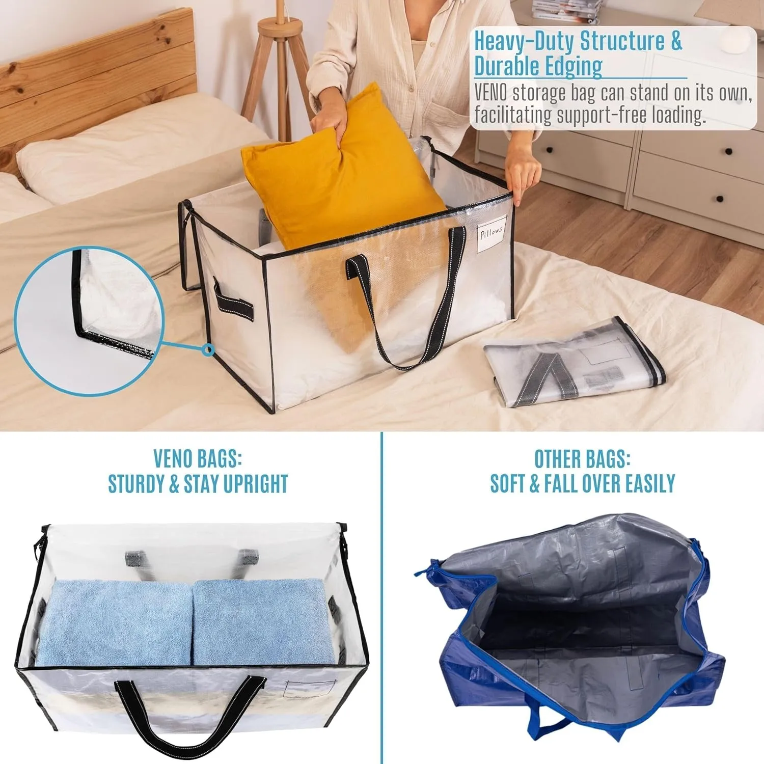 VENO 10 Pack Moving Bags, Comforter and Blanket Storage Bags for Closet, Moving Boxes, Boxes with Lids Alternative, College Dorm Packing Supplies, Foldable Heavy-Duty Tote (Clear, 10 Pack)
